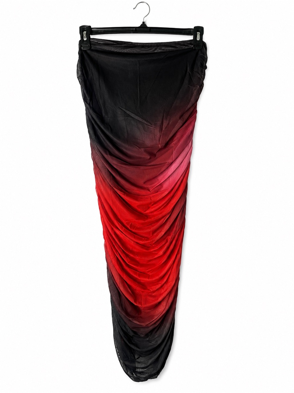 Micas Ruched Ombre Red-to-Black Maxi Skirt